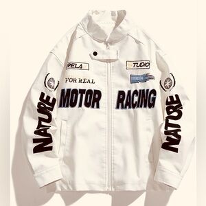 New White Faux Leather Motorcycle Jacket Y2k Racing Jacket, Size Large